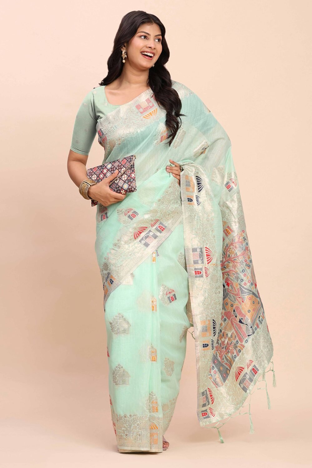 Sea Green Bloom Zari Woven Linen Cotton Saree Adorned With Floral Motifs & A Tassel Finish - Image 5