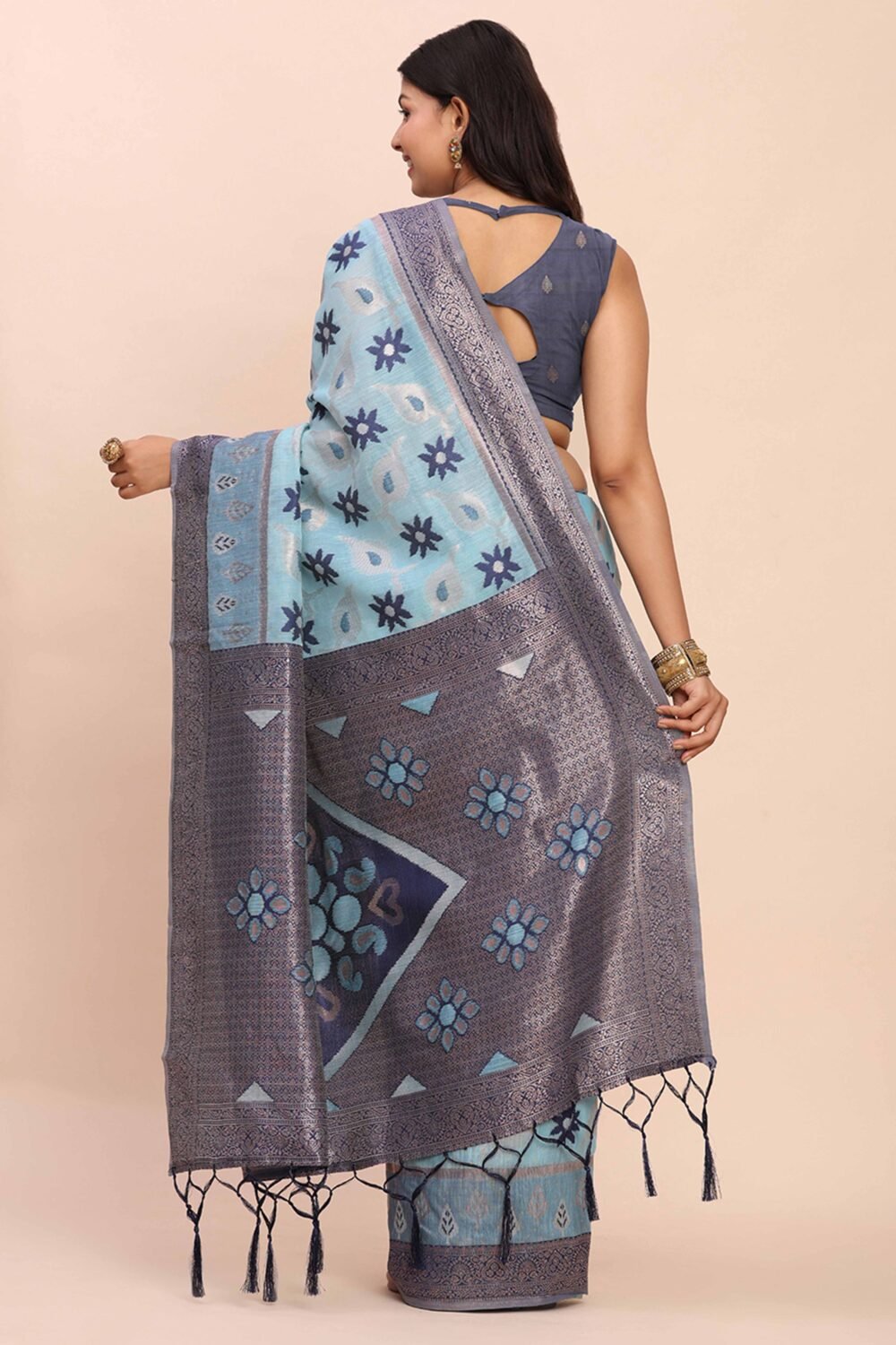 Sky Blue Patola Inspired Linen Cotton Saree Adorned With Zari Weaving & Graceful Tassel Pallu - Image 5