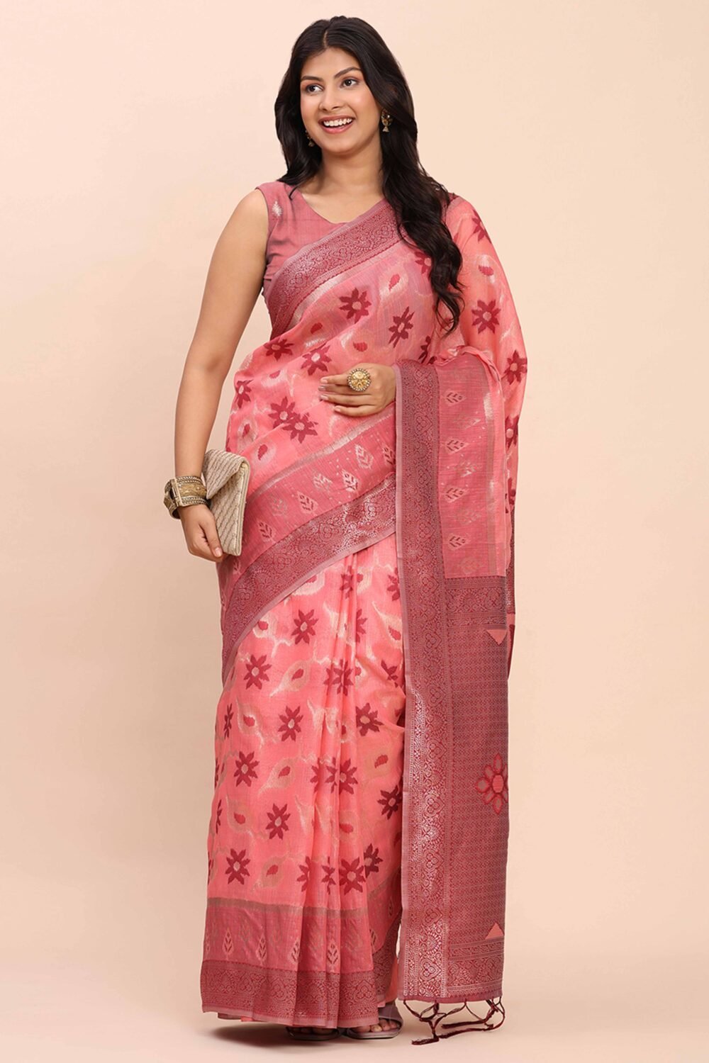 Salmon Pink Patola Inspired Linen Cotton Saree Adorned With Zari Weaving & Graceful Tassel Pallu - Image 5