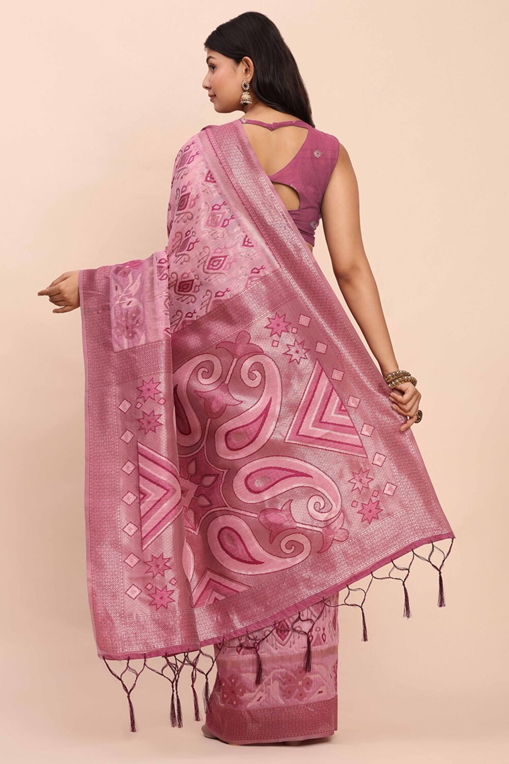 Onion Pink Patola Inspired Linen Cotton Saree Adorned With Zari Weaving & Graceful Tassel Pallu - Image 5