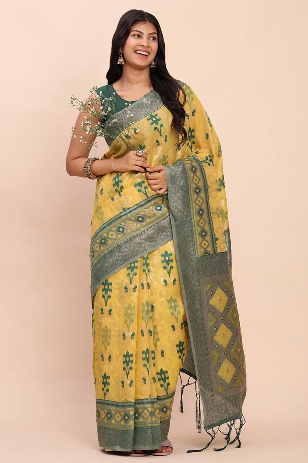 Yellow Patola Inspired Linen Cotton Saree Adorned With Zari Weaving & Graceful Tassel Pallu - Image 5