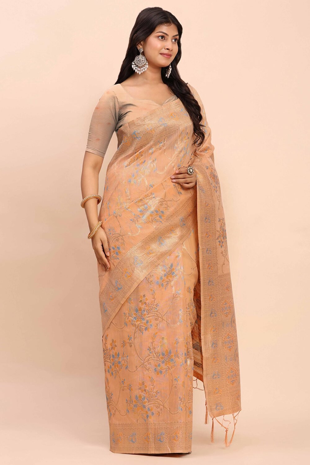 Light Orange Linen Cotton Saree Showcasing Floral Zari Weaves & A Tasselled Finish Pallu - Image 5