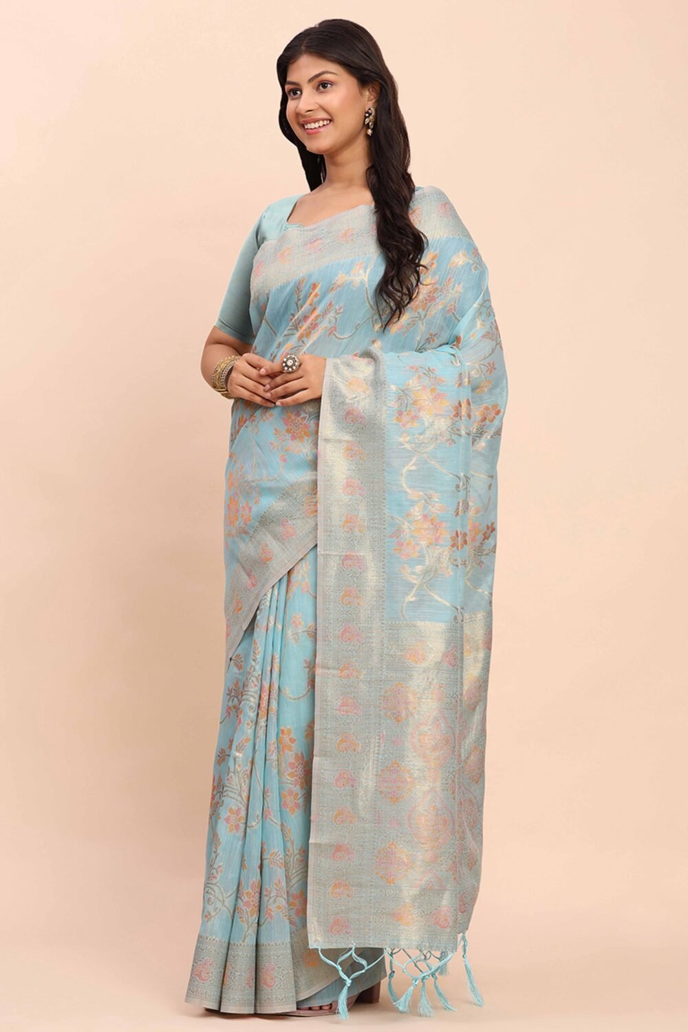 Sky Blue Linen Cotton Saree Showcasing Floral Zari Weaves & A Tasselled Finish Pallu - Image 5