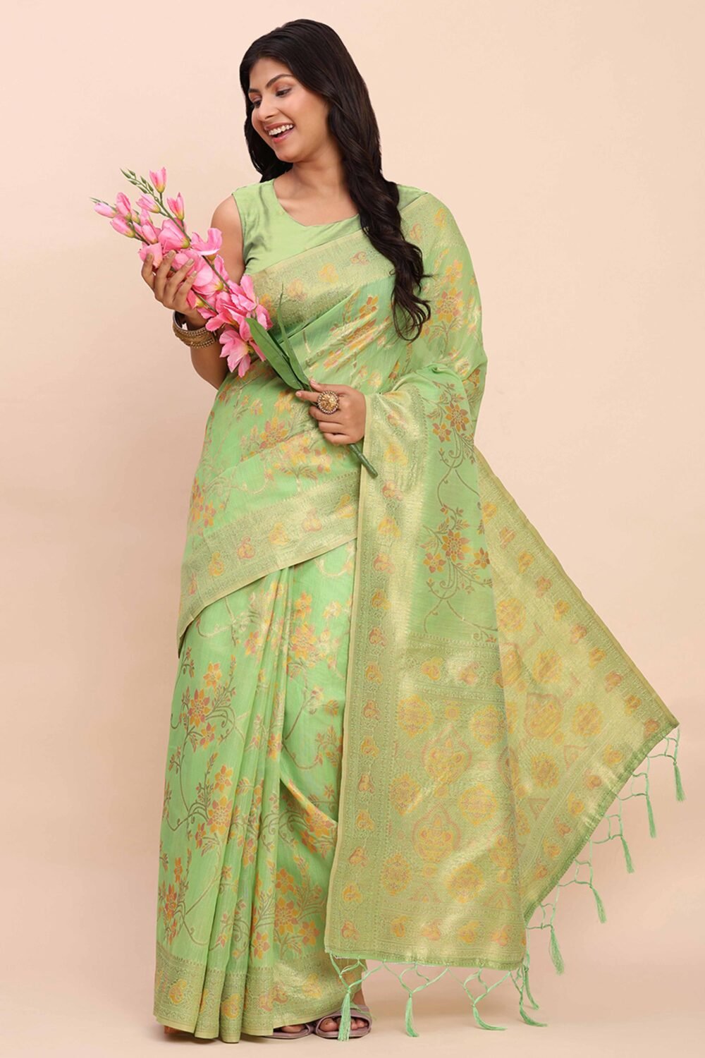 Green Linen Cotton Saree Showcasing Floral Zari Weaves & A Tasselled Finish Pallu - Image 5