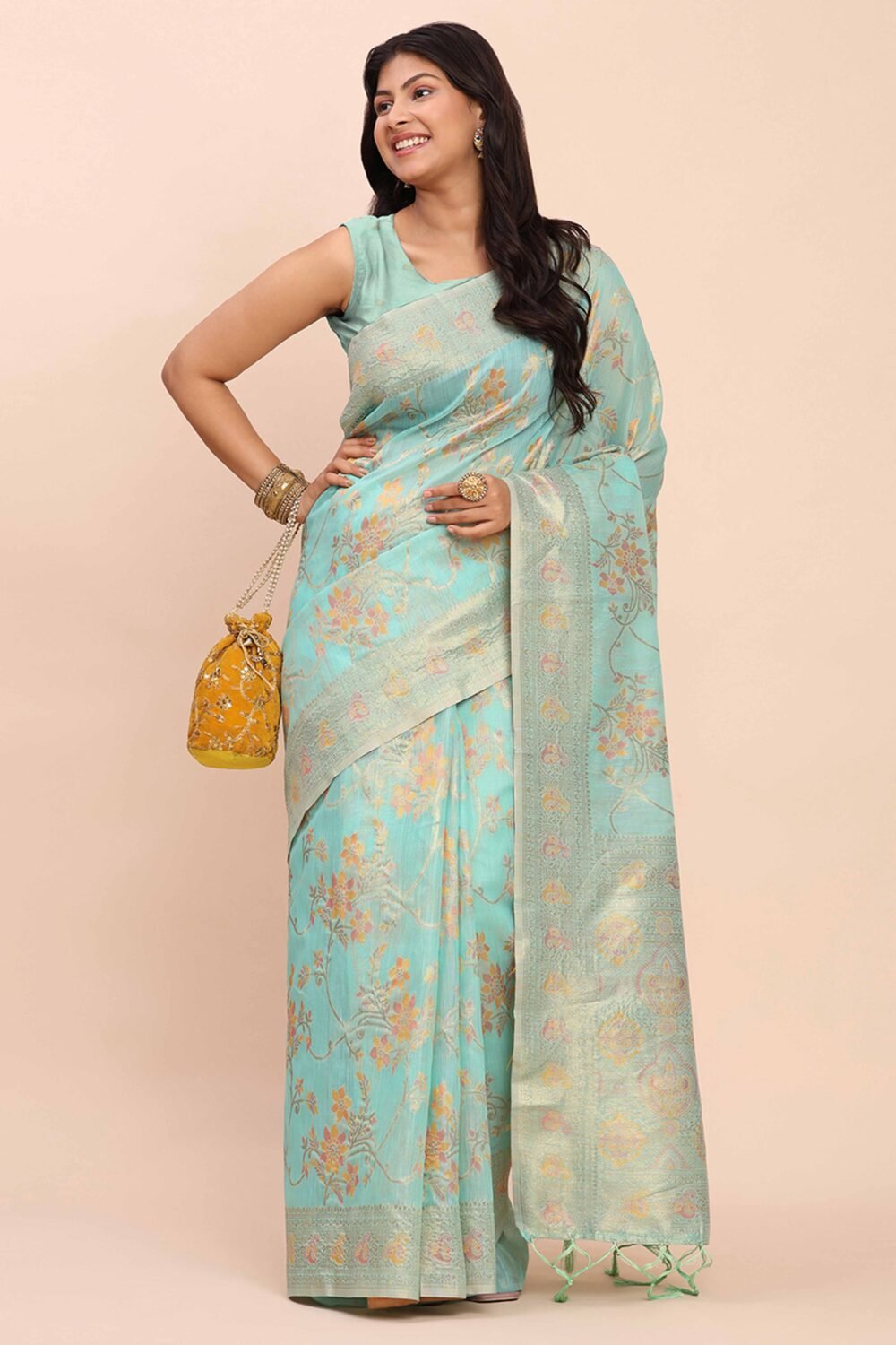 Turquoise Linen Cotton Saree Showcasing Floral Zari Weaves & A Tasselled Finish Pallu - Image 5
