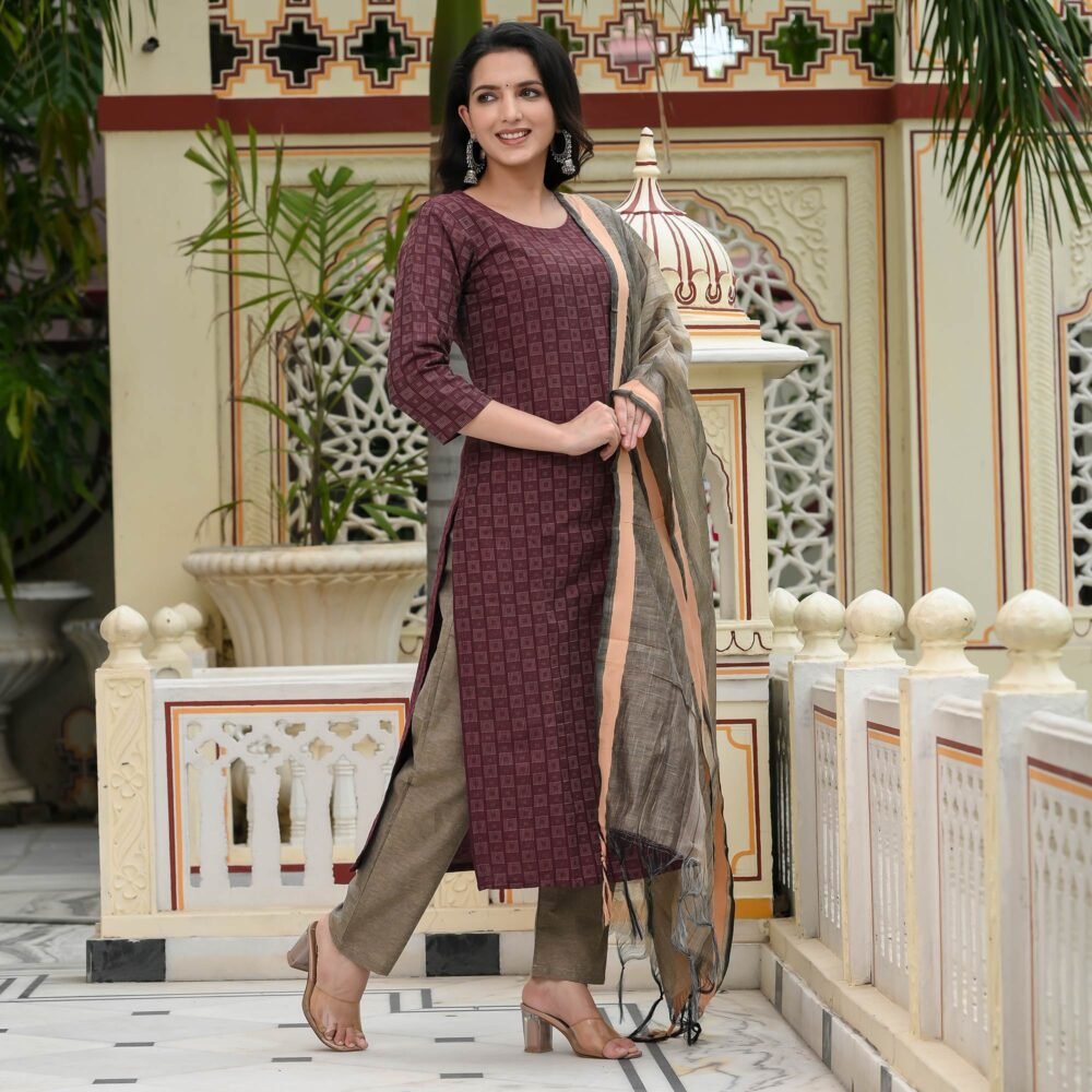 Maroon Woven Cotton Blend Dress Material - Image 5