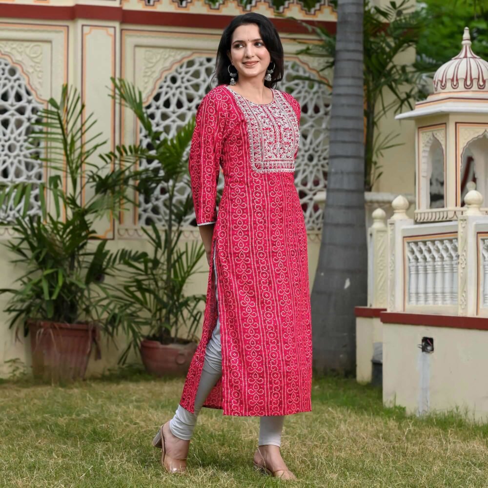 Red Foil Bandhani Printed With Embroidered Rayon Kurti - Image 6