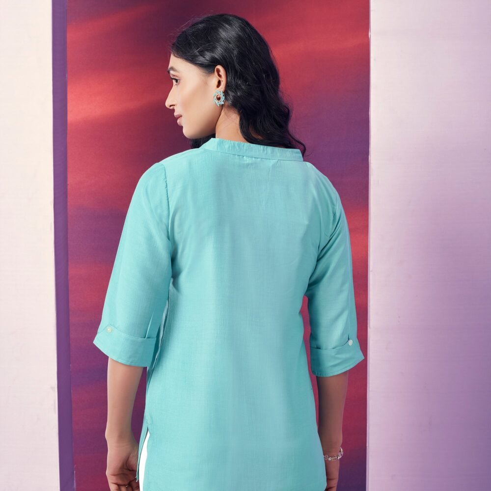 Blue Solid Cotton Blend Top - Image 4