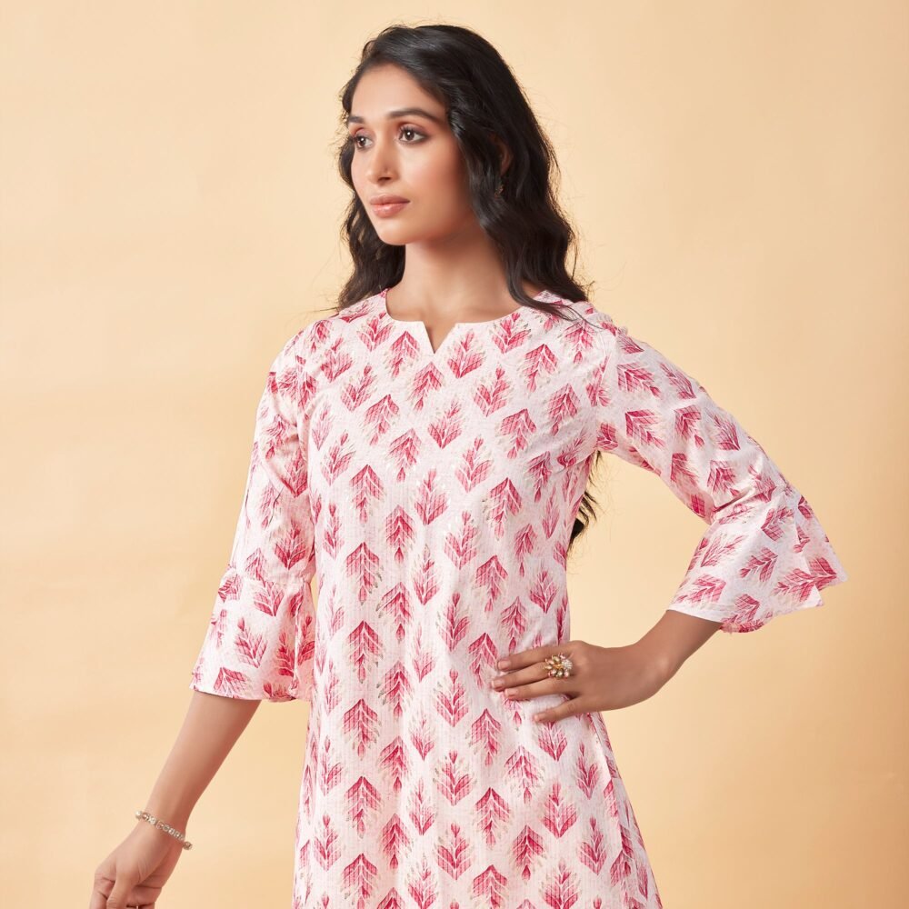White & Pink Floral Foil Printed Rayon Top - Image 4