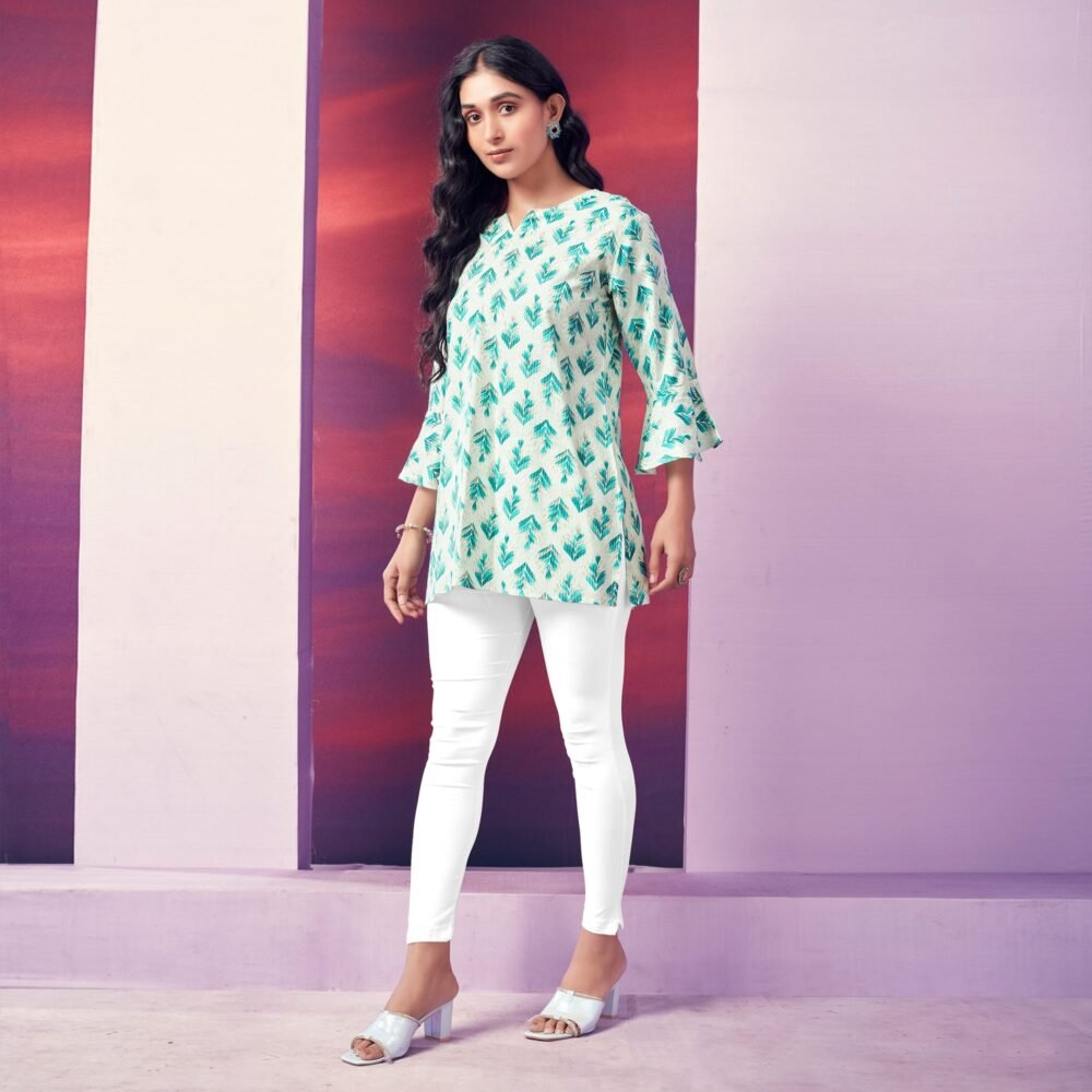 White & Turquoise Floral Foil Printed Rayon Top - Image 4