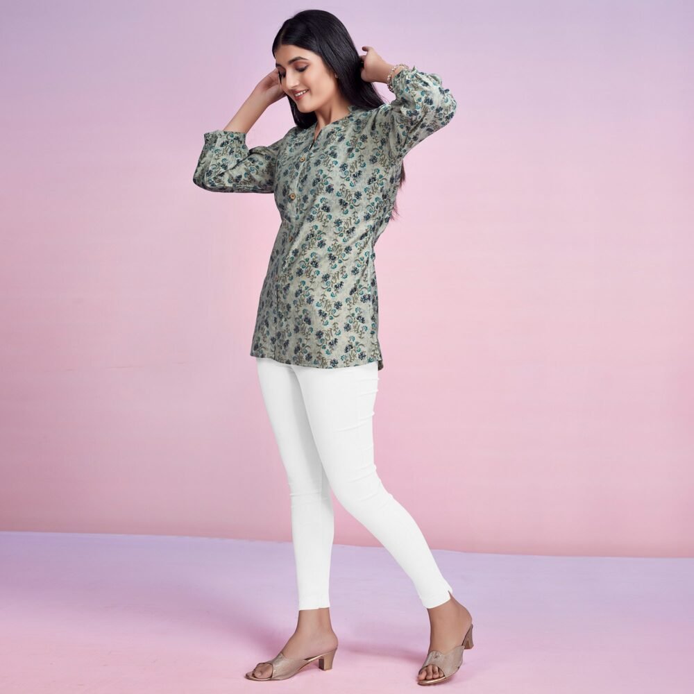 Off White & Blue Floral Foil Printed Chanderi Silk Top - Image 5