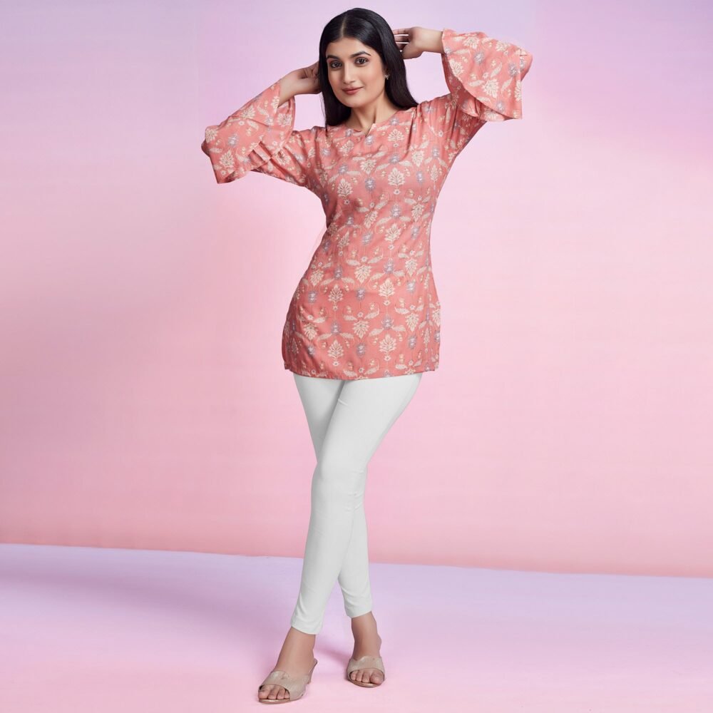 Peach Floral Foil Printed Chanderi Silk Top - Image 5