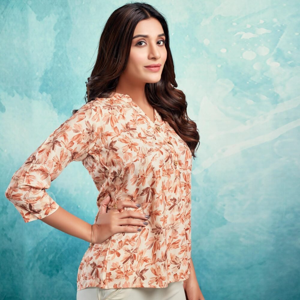 Cream & Peach Floral Foil Printed Rayon Straight Top - Image 6