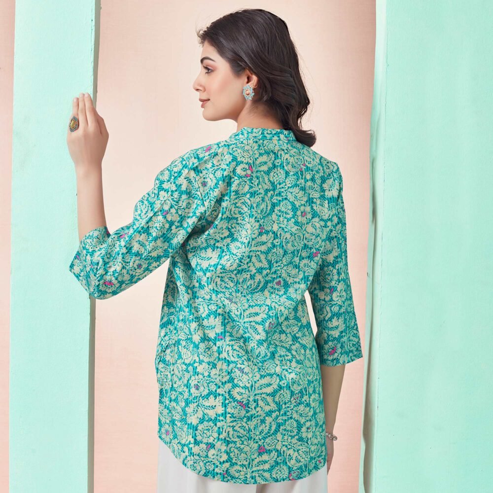 Turquoise Floral Chanderi Silk Straight Top - Image 5