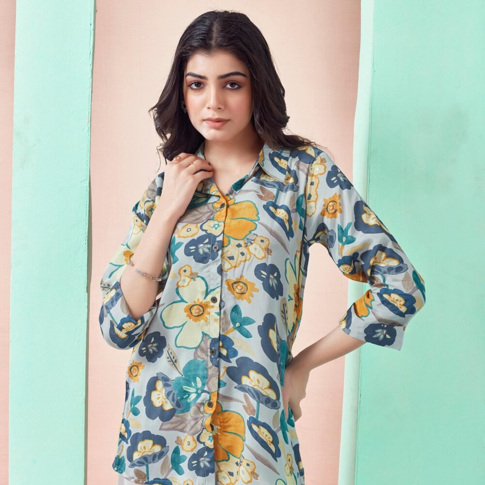 Light Grey Floral Printed Muslin Top - Image 5