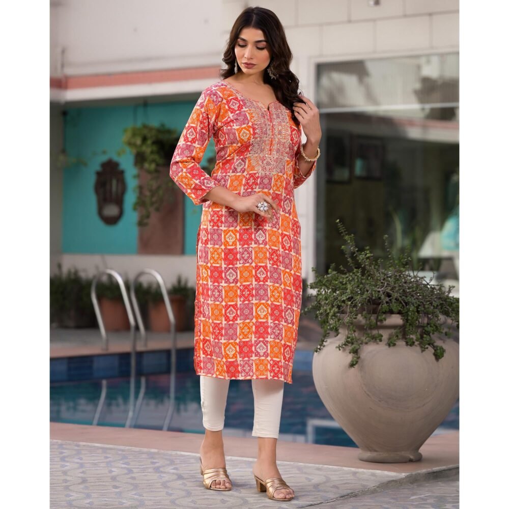 Red & Orange Bandhani Foil Printed Rayon Straight Kurti - Image 6