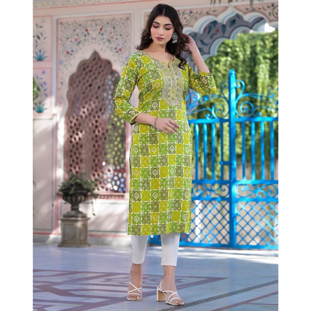 Yellow & Green Bandhani Foil Printed Rayon Straight Kurti - Image 6