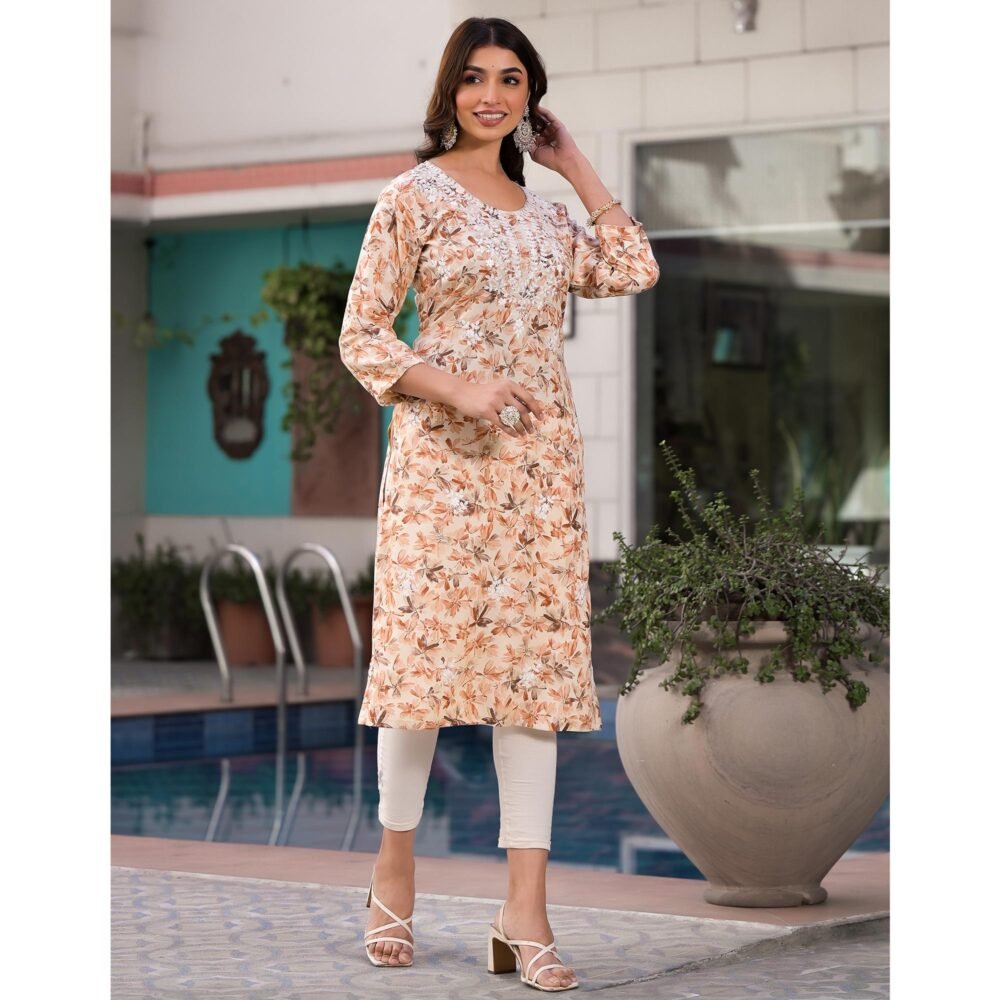 Beige Chikankari Embroidery Rayon Straight Kurti - Image 6