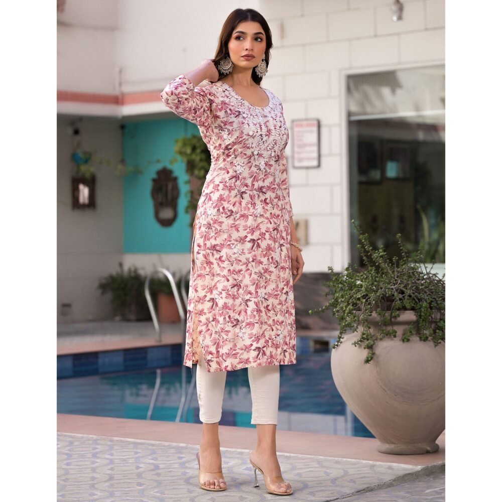 Pink Chikankari Embroidery Rayon Straight Kurti - Image 6