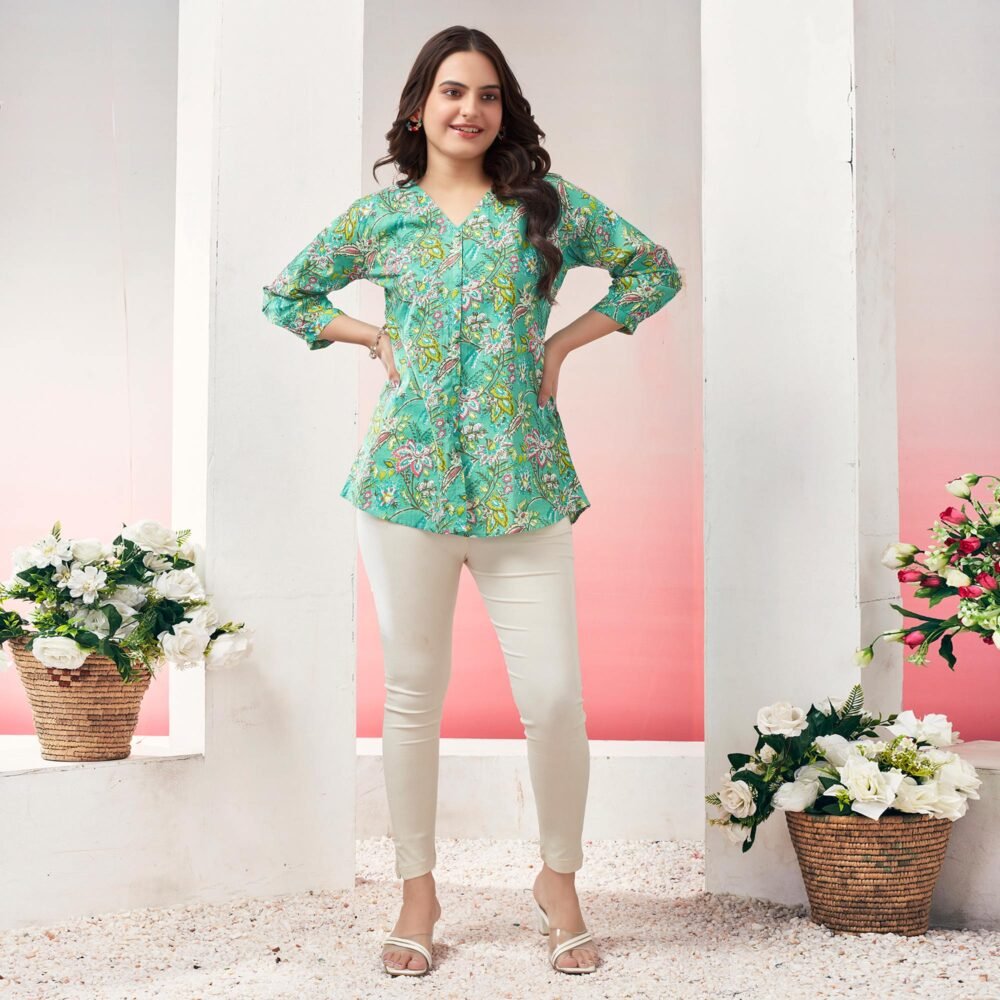 Turquoise Floral Printed Pure Cotton Top - Image 5