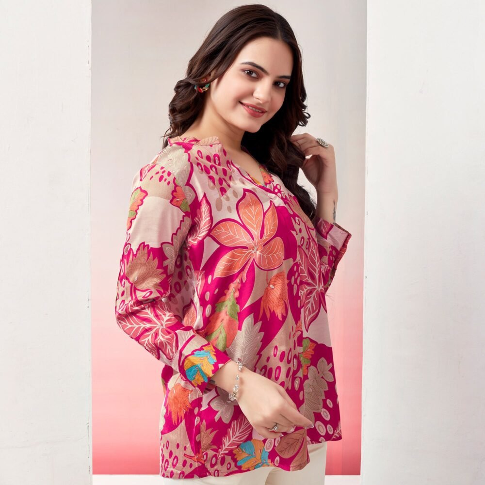 Pink Floral Foil Printed Muslin Top - Image 5