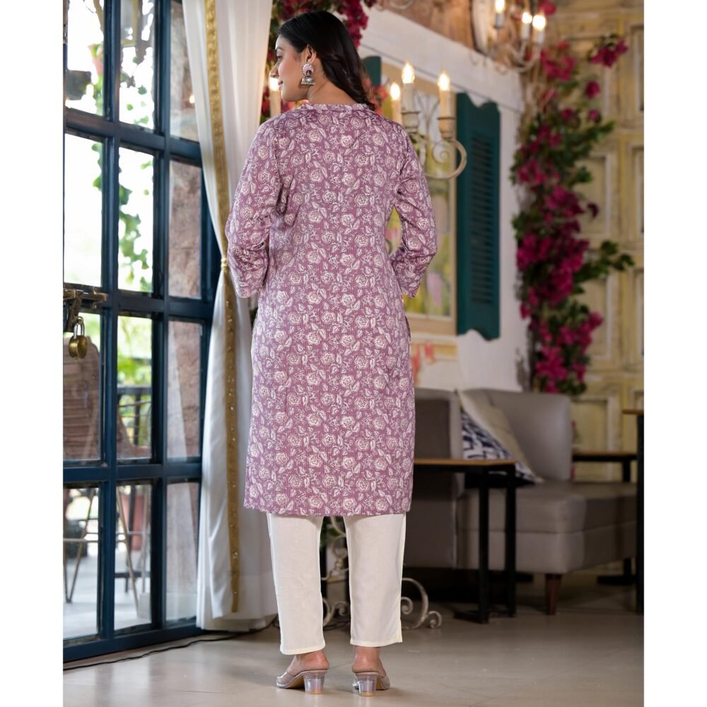 Purple Floral Printed Rayon Straight Kurti - Image 7
