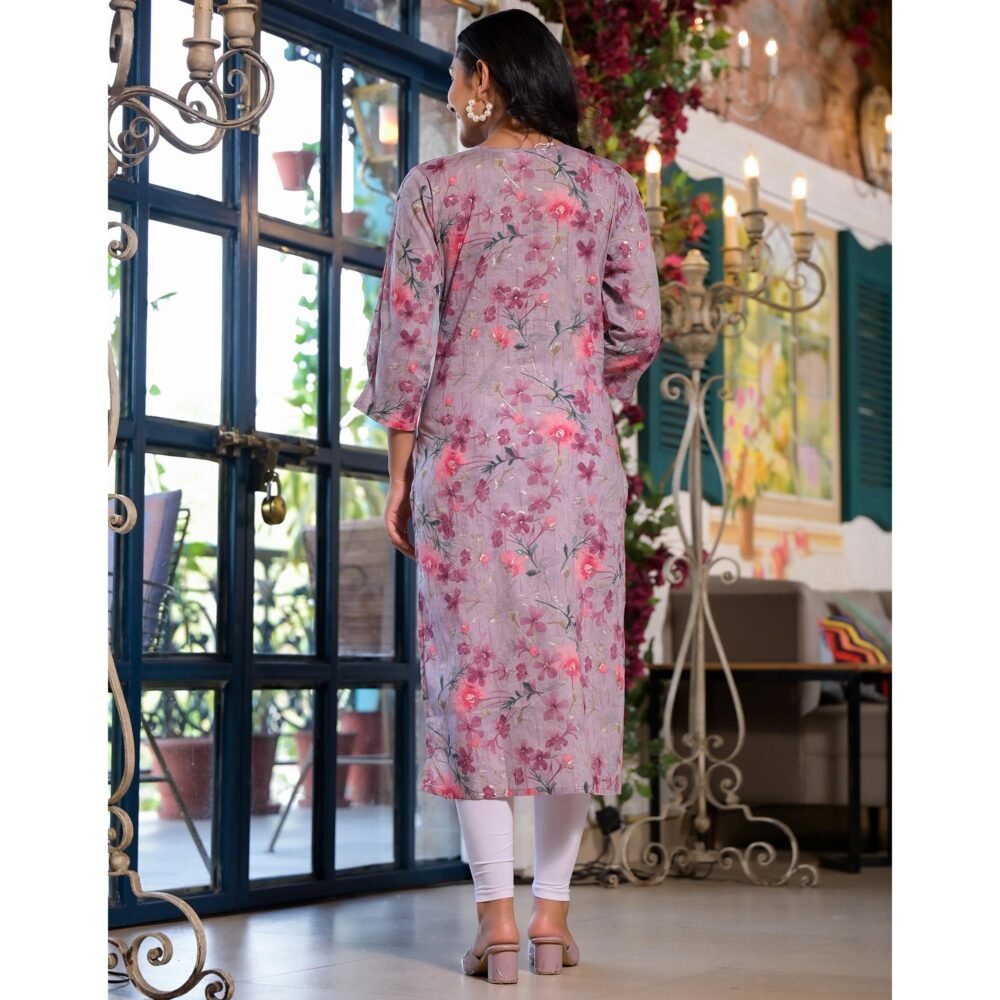 Purple Floral Foil Printed Mulmul Cotton Straight Kurti - Image 6