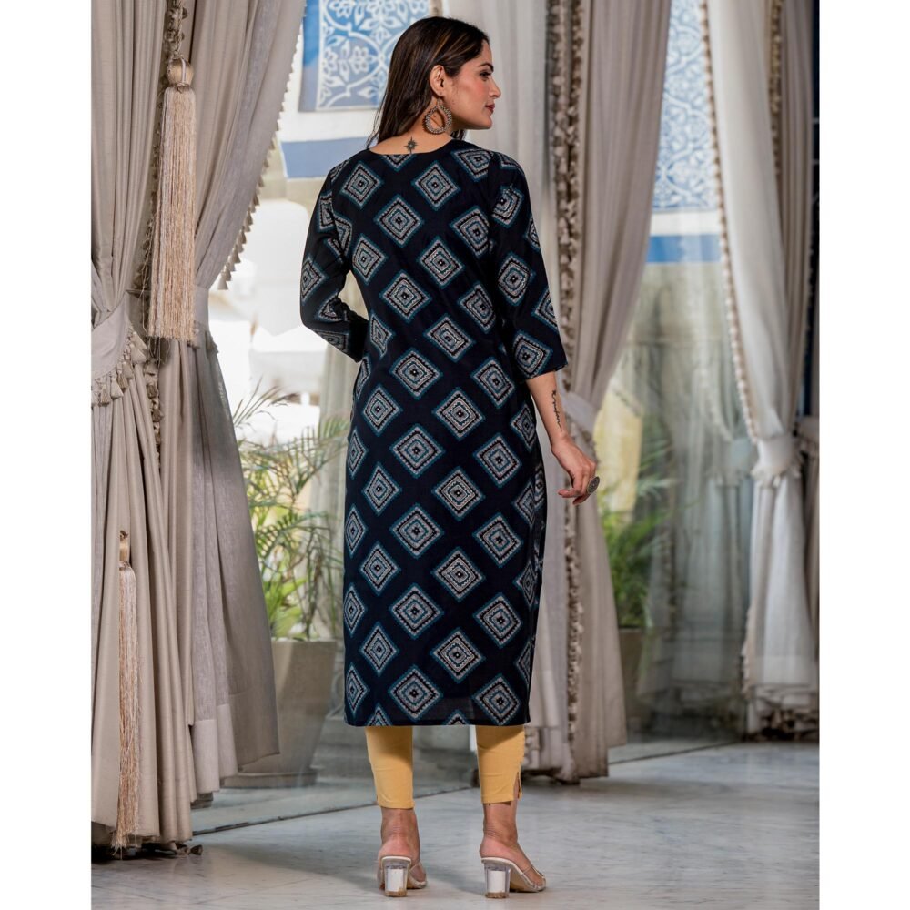 Navy Blue Foil Printed Chanderi Silk Kurti - Image 6