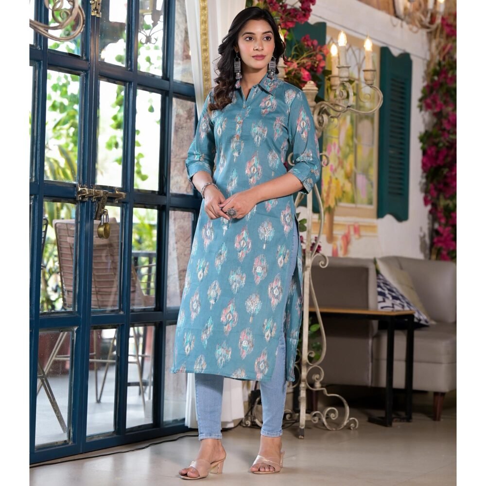 Dark Turquoise Ikkat Foil Printed Pure Cotton Straight Kurti - Image 7