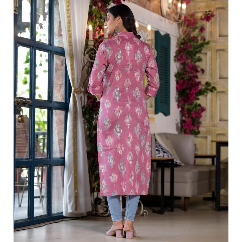 Purple Ikkat Foil Printed Pure Cotton Straight Kurti - Image 7
