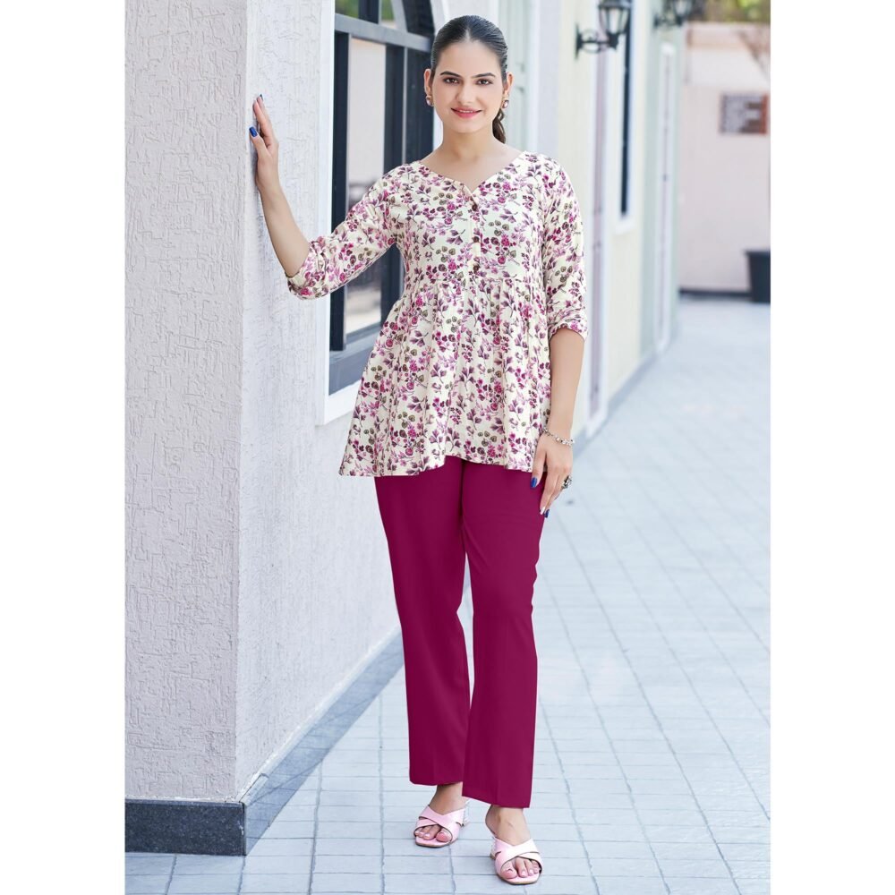 Pink Floral Printed Rayon A-Line Top - Image 6