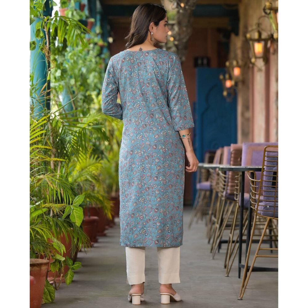 Bluish Grey Floral Printed Rayon Straight kurti - Image 7