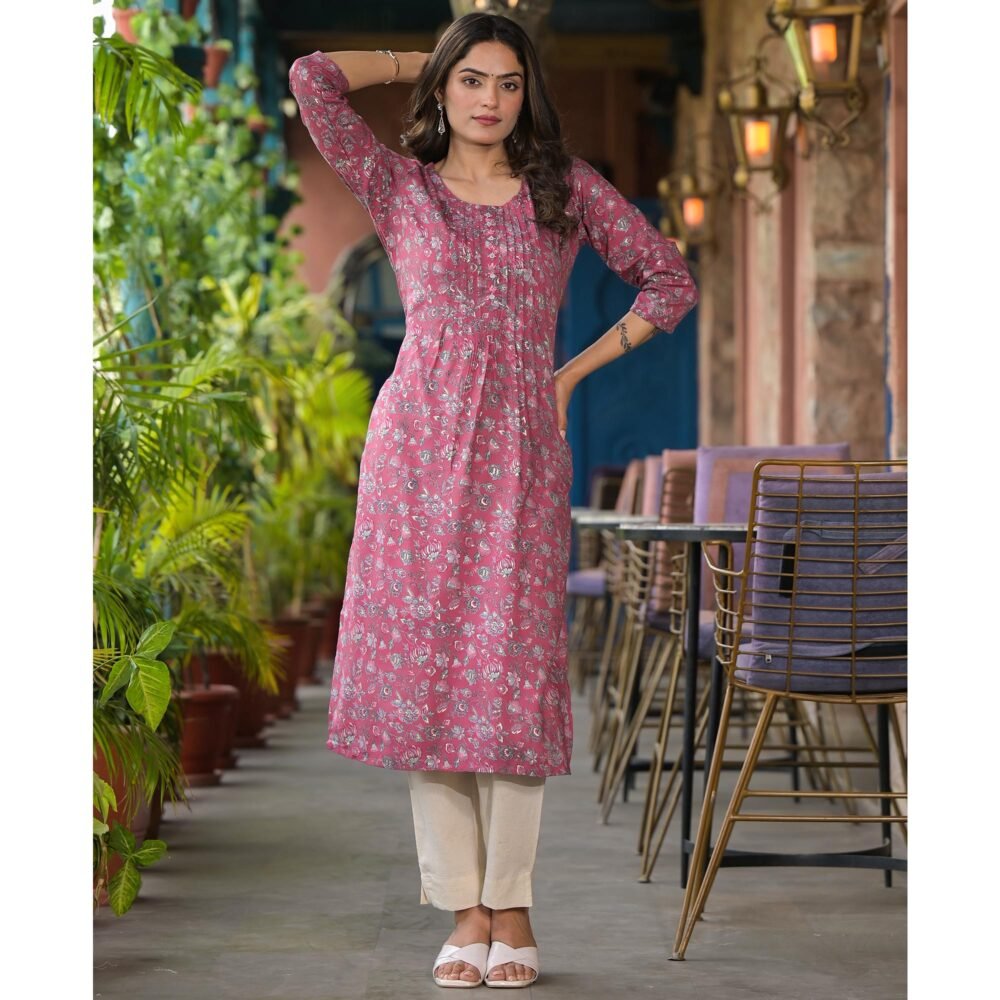 Pink Floral Printed Rayon Straight kurti - Image 7