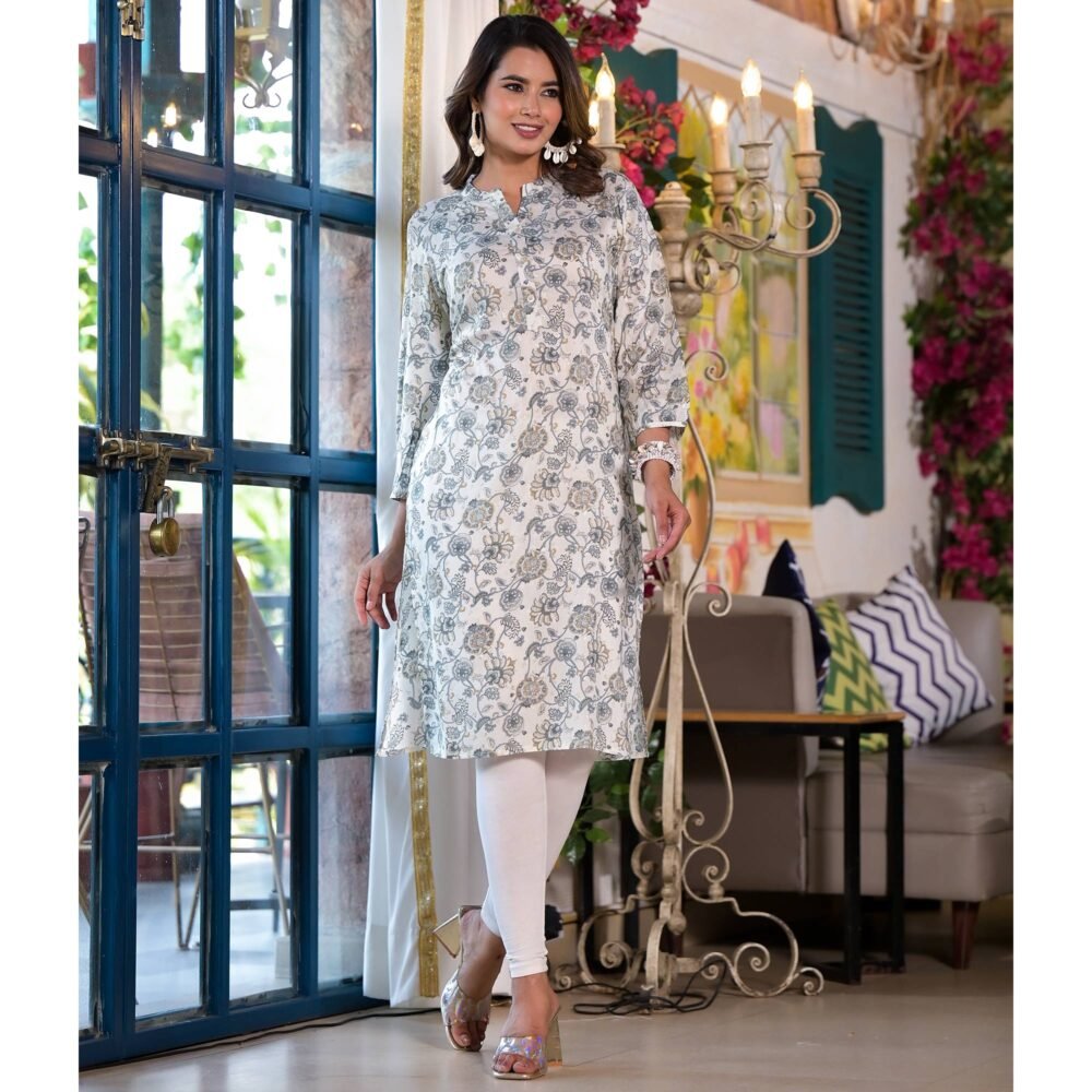 Grey Floral Foil Printed Chanderi Silk Kurti - Image 6