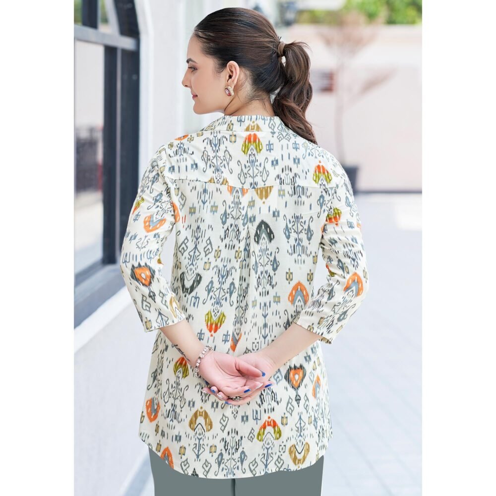 White & Orange Printed Chanderi Silk Top - Image 6