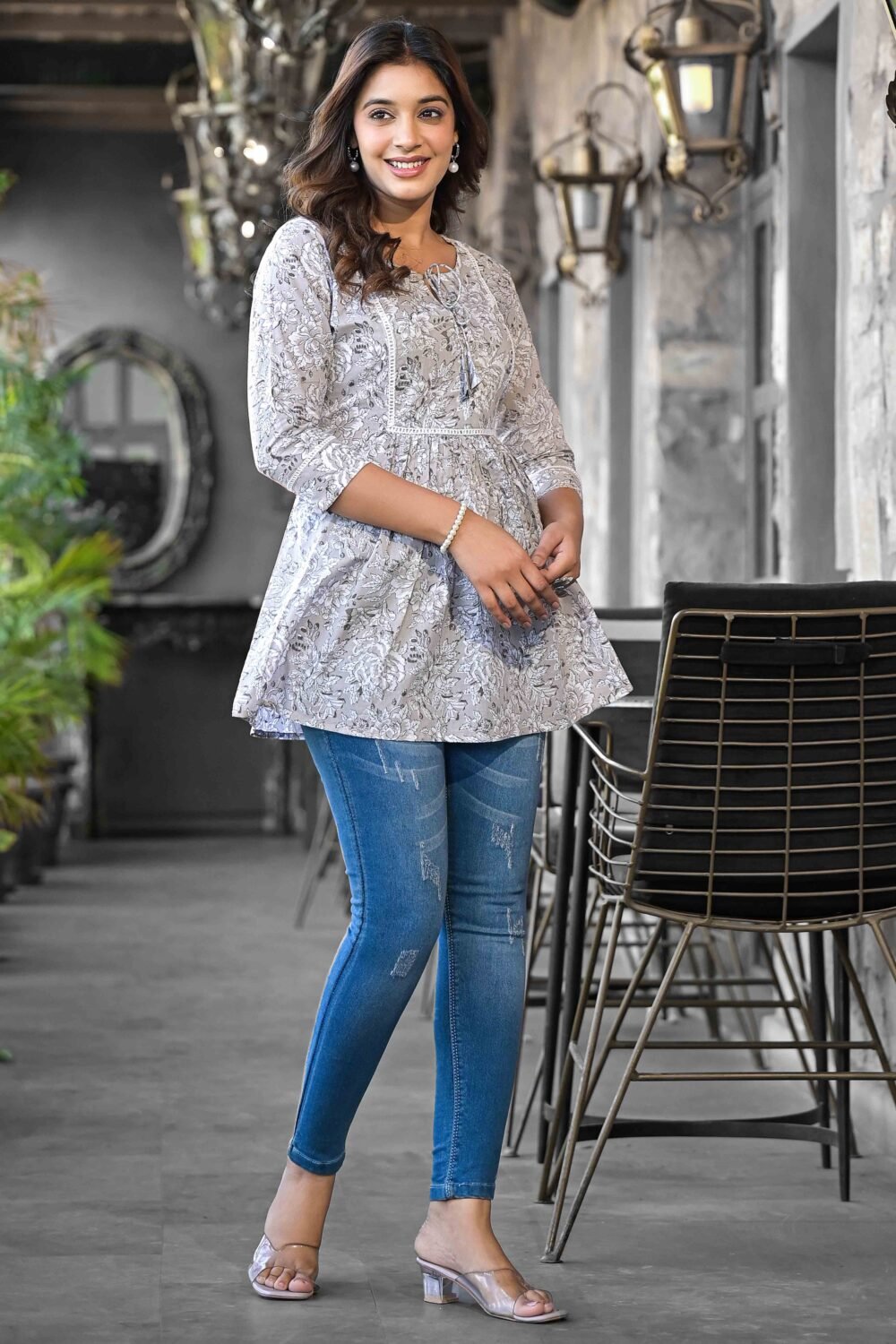 Grey Floral Printed Pure Cotton A-Line Top - Image 6