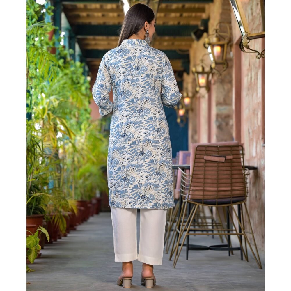 Blue Floral Printed Rayon Kurti - Image 6