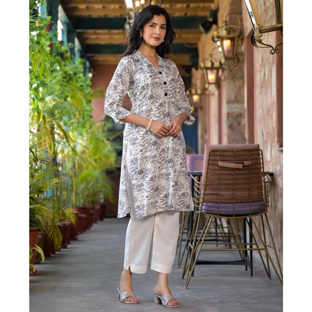 Grey Floral Printed Rayon Kurti - Image 6