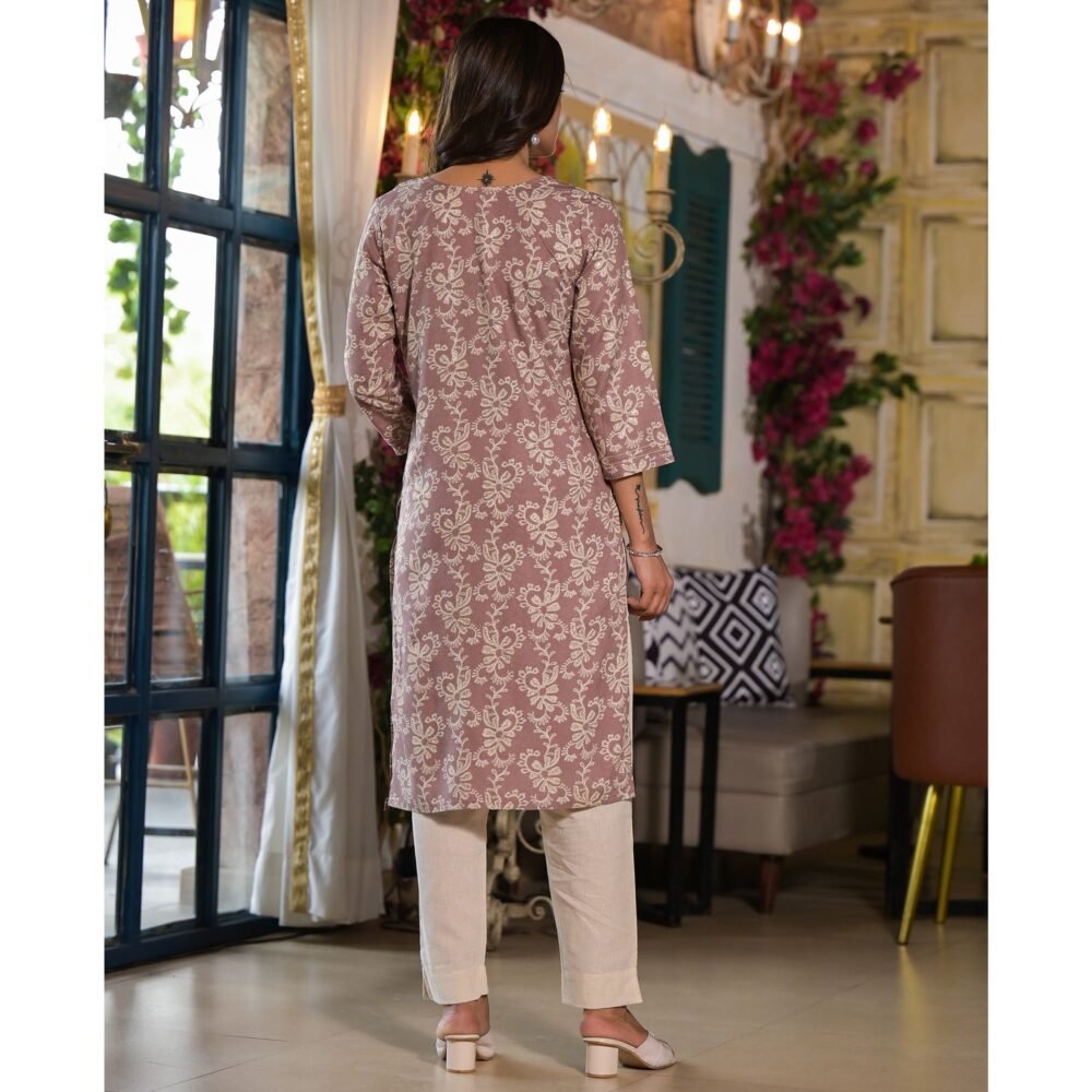 Brown Floral Printed Rayon Straight Kurti - Image 7