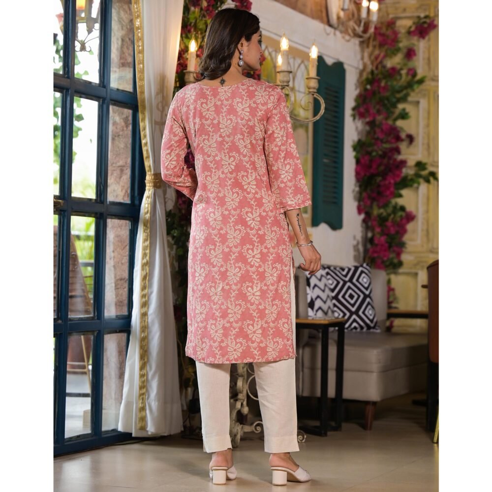 Peach Floral Printed Rayon Straight Kurti - Image 7