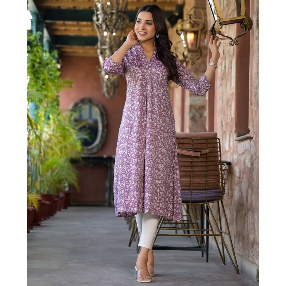 Purple Floral Printed Rayon A-line Kurti - Image 6
