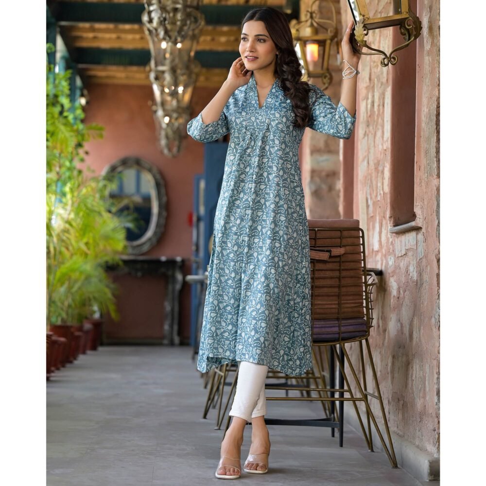 Turquoise Floral Printed Rayon A-line Kurti - Image 6