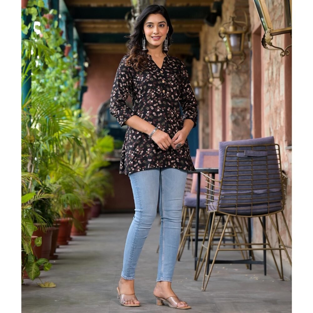 Black Floral Printed Rayon Straight Top - Image 7