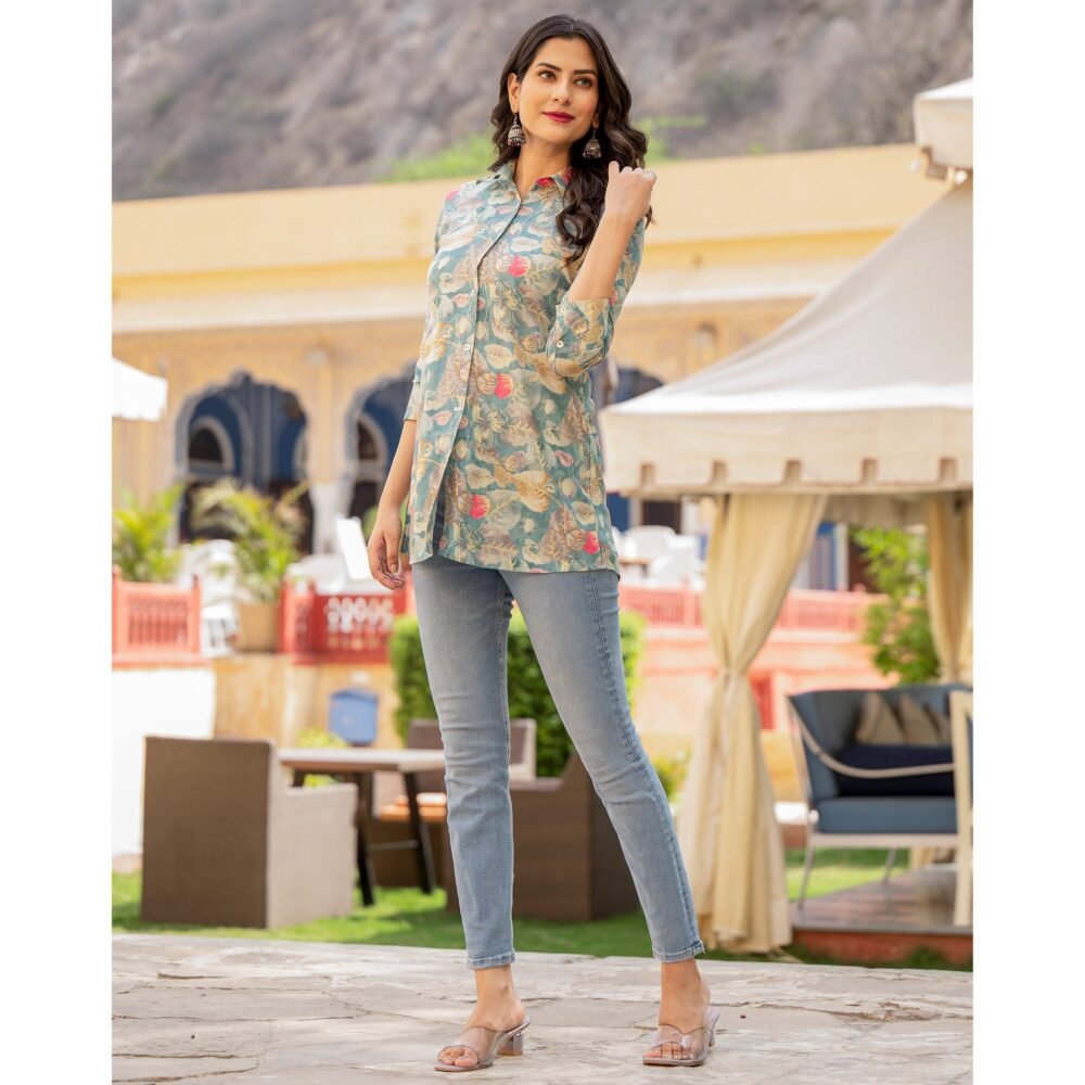 Blue Floral Printed Rayon Top - Image 6