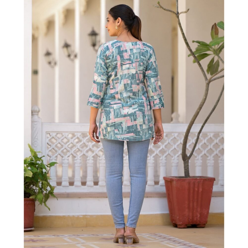 Blue Printed Rayon A-Line Top - Image 6