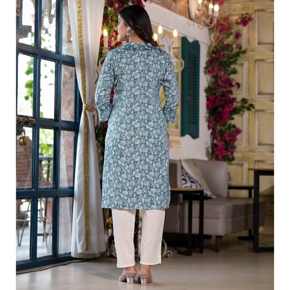 Pine Green Floral Printed Rayon Straight Kurti - Image 7