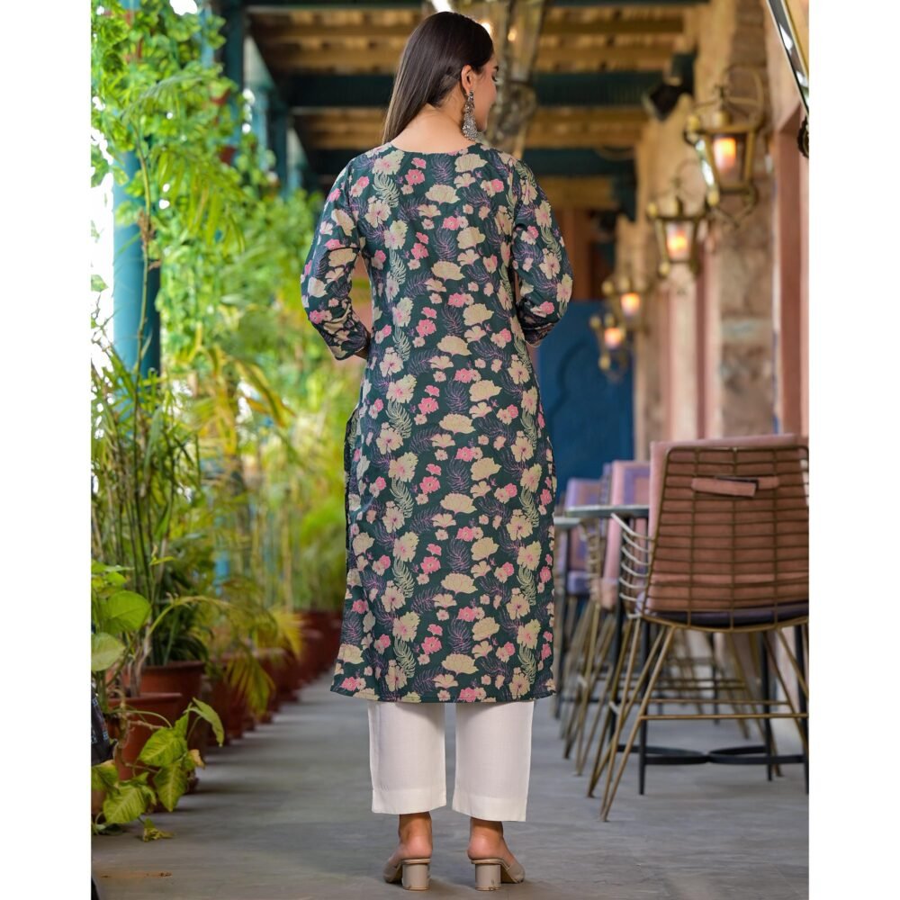 Green Floral Printed Pure Cotton Straight Kurti - Image 6