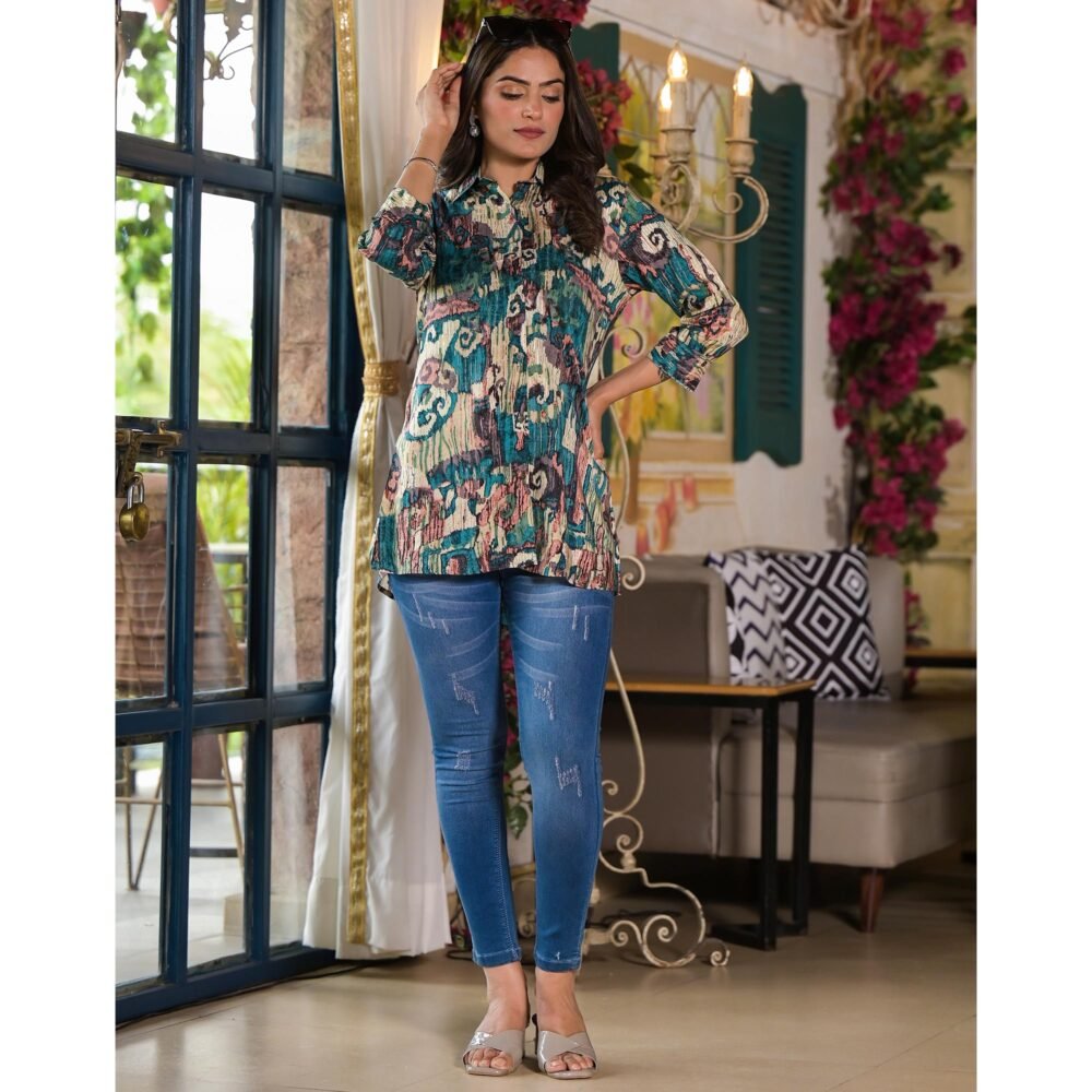 Blue & Green Printed Muslin Top - Image 7
