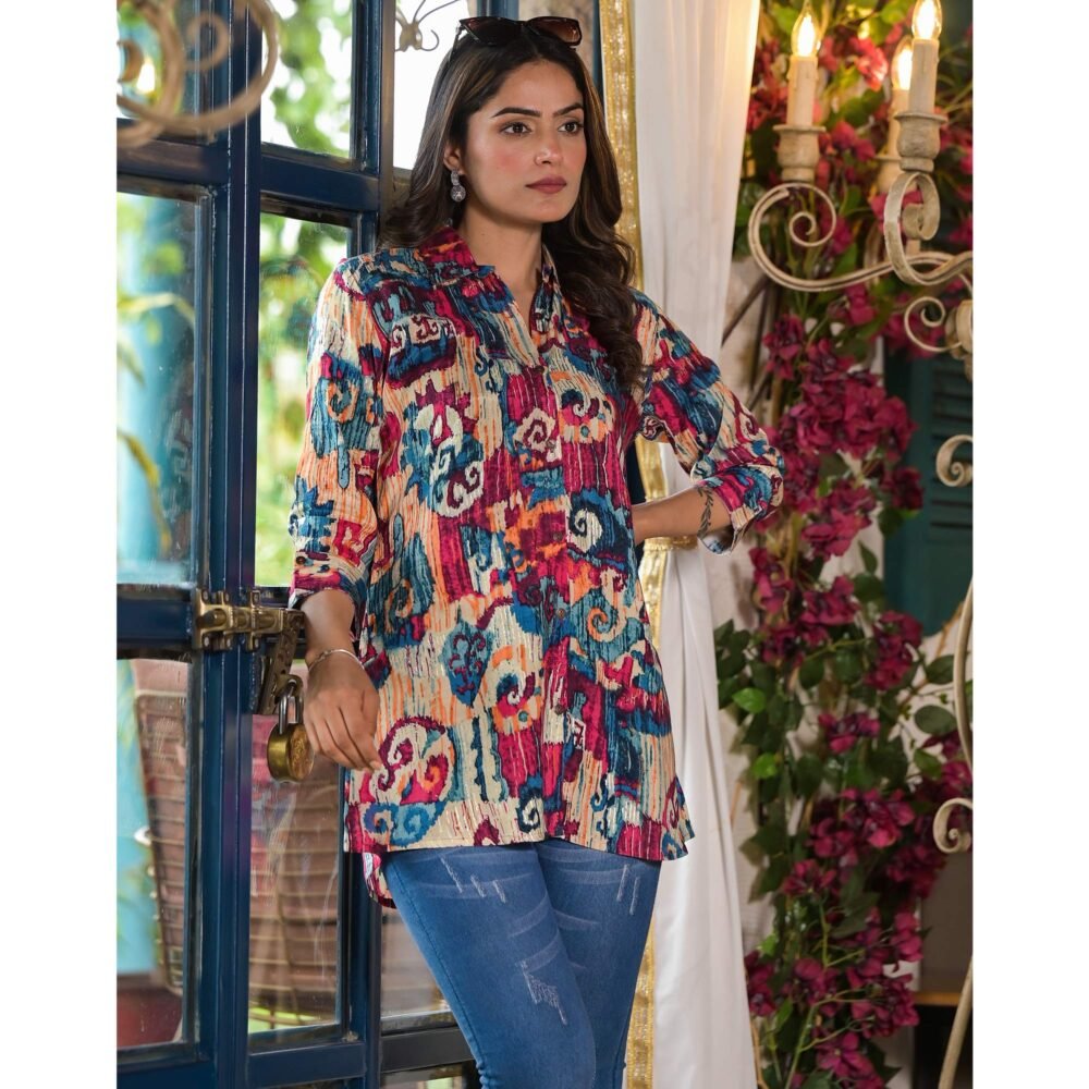 Blue & Pink Printed Muslin Top - Image 6