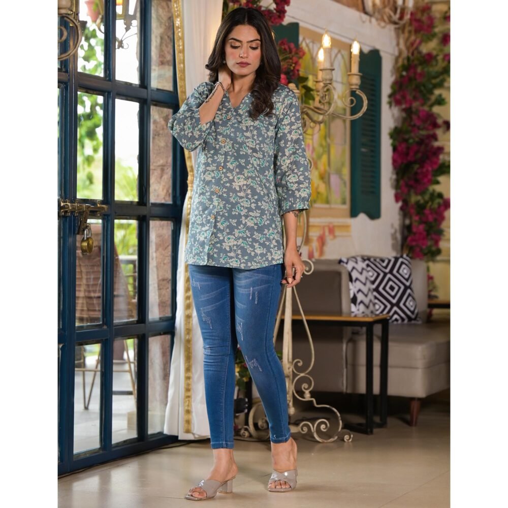 Grey Floral Printed Pure Cotton Top - Image 7